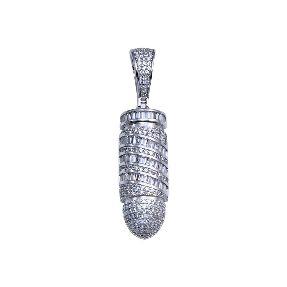 Rhodium Plated 925 Sterling Silver CZ Bullet Pendant