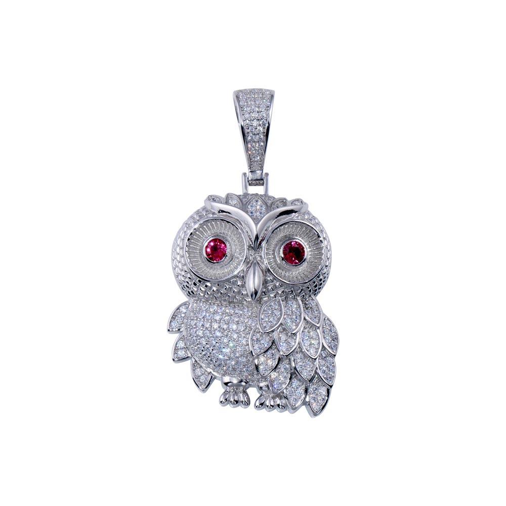Rhodium Plated 925 Sterling Silver CZ Owl Pendant