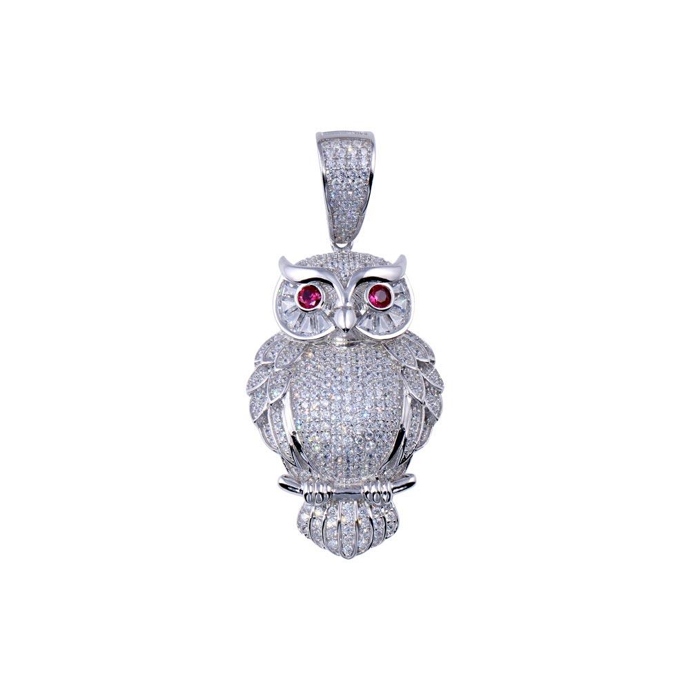 Rhodium Plated 925 Sterling Silver CZ Owl Pendant