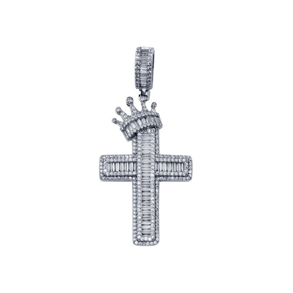 Rhodium Plated 925 Sterling Silver CZ Crown Cross Pendant