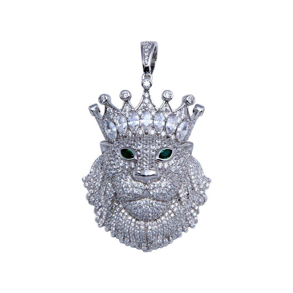 Rhodium Plated 925 Sterling Silver CZ King Lion Pendant