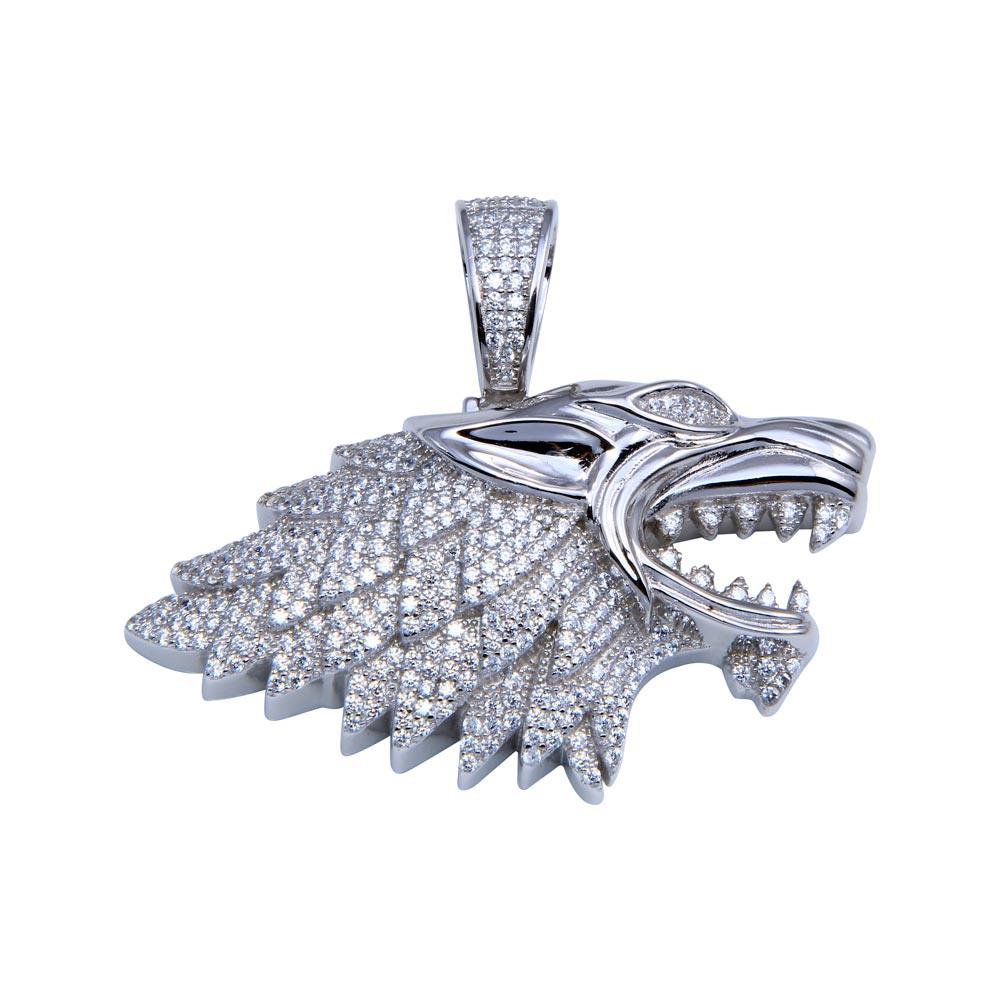 Rhodium Plated 925 Sterling Silver CZ Wolf Pendant