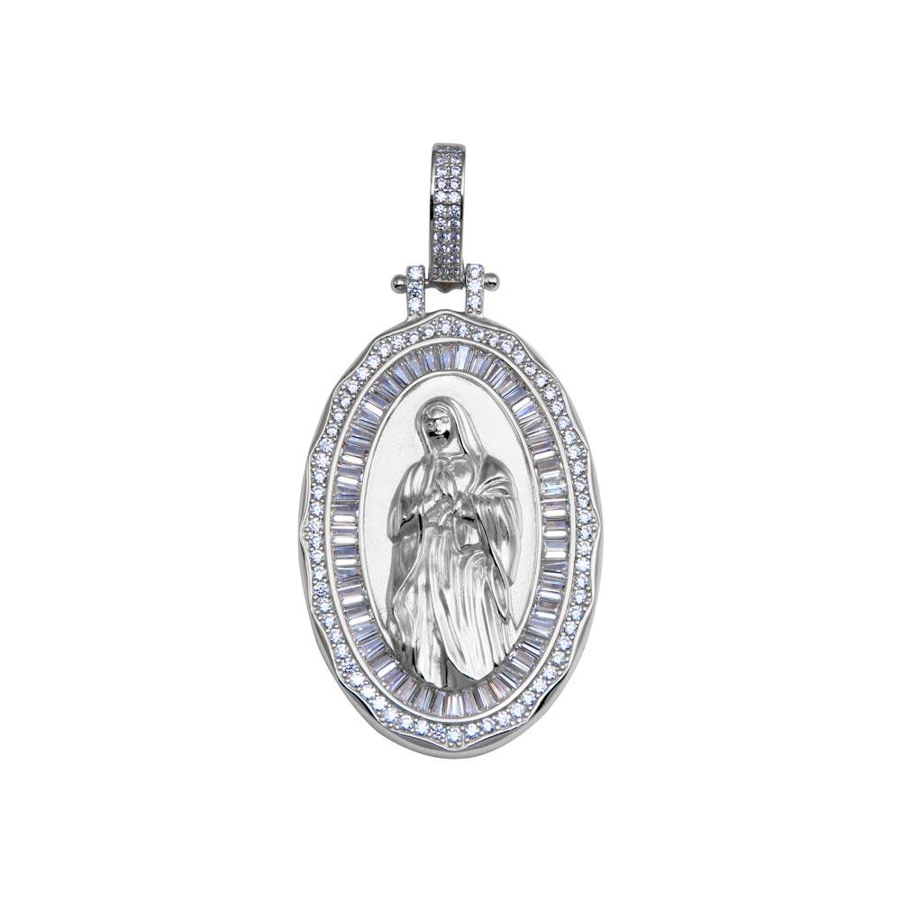 Rhodium Plated 925 Sterling Silver CZ Mary Pendant