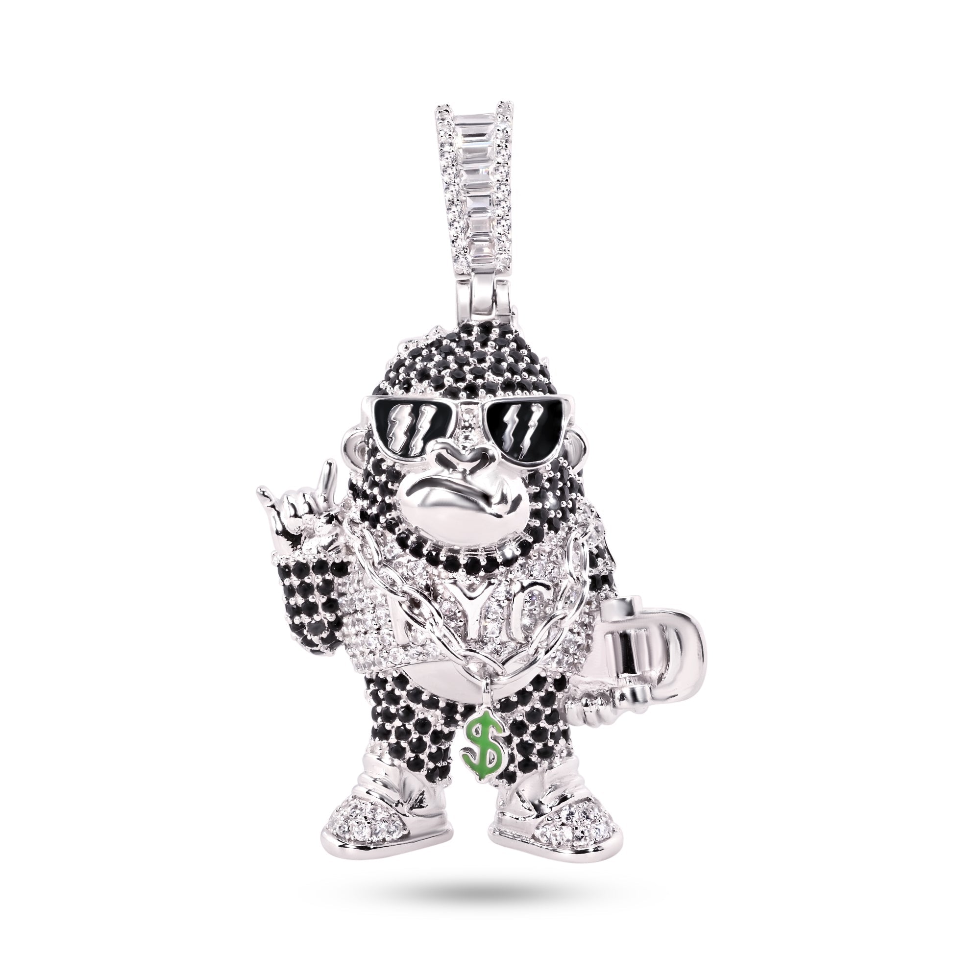 Rhodium Plated 925 Sterling Silver Skater Money Clear CZ Black Enamel Pendant