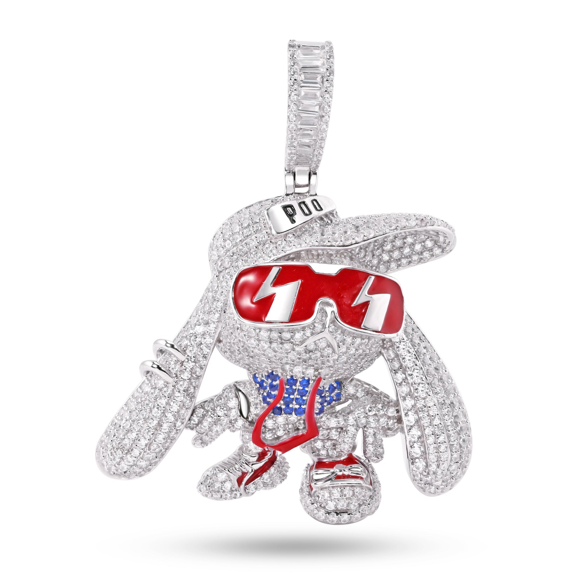 Rhodium Plated 925 Sterling Silver Bunny Clear and Blue CZ Red Enamel Pendant
