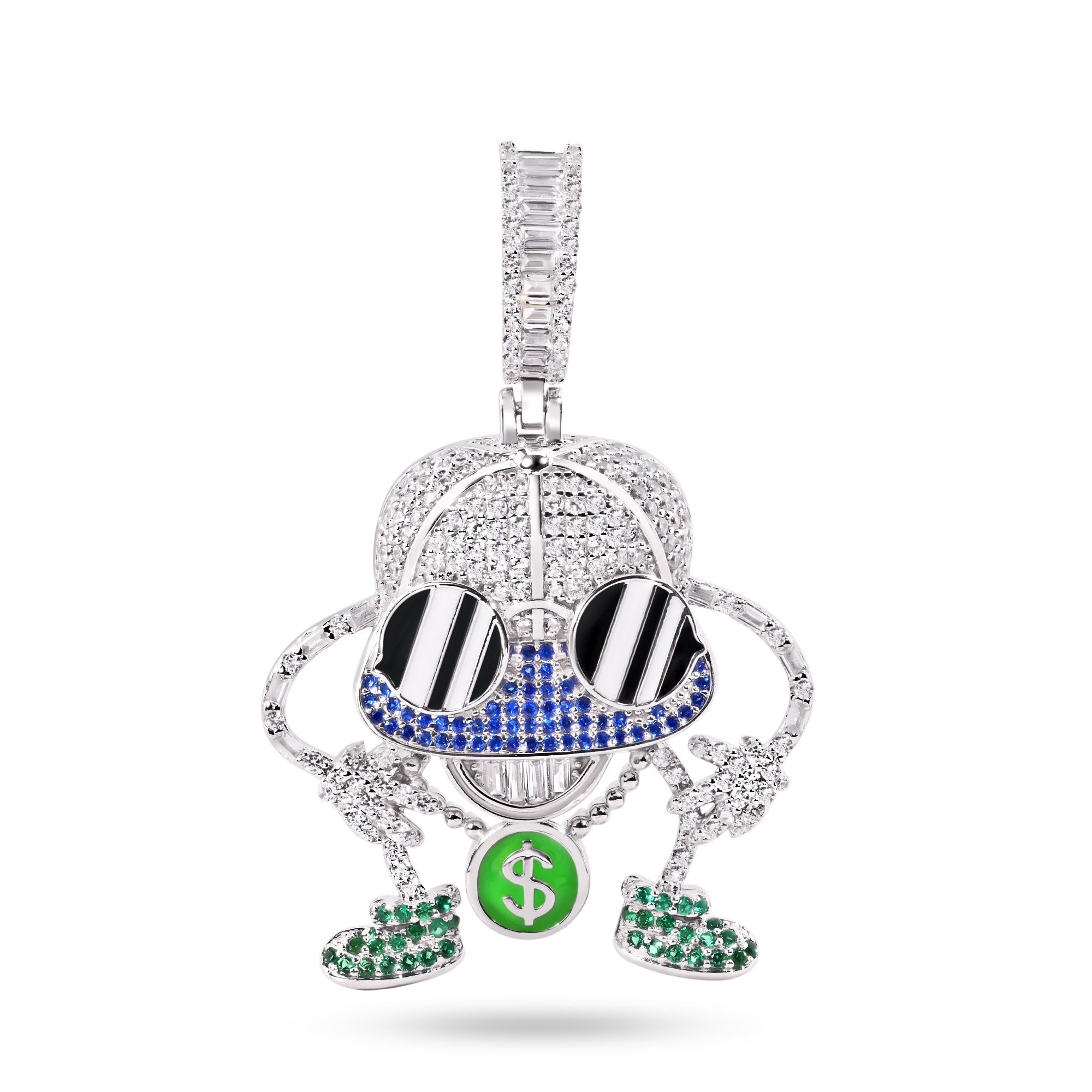 Rhodium Plated 925 Sterling Silver Black and White Enamel Glasses Clear and Green CZ Pendant