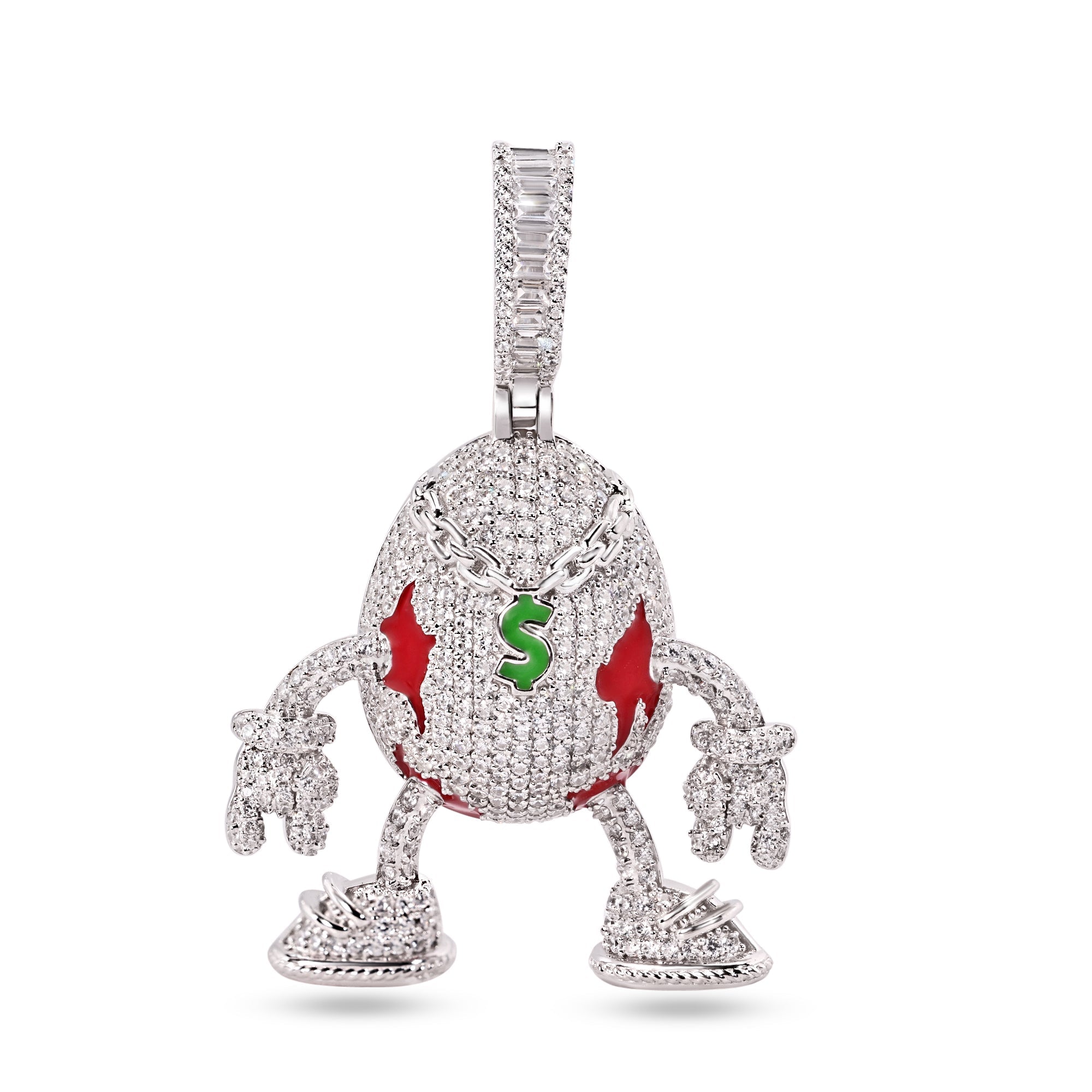 Rhodium Plated 925 Sterling Silver Egg Shaped Clear CZ Red and Green Enamel Pendant