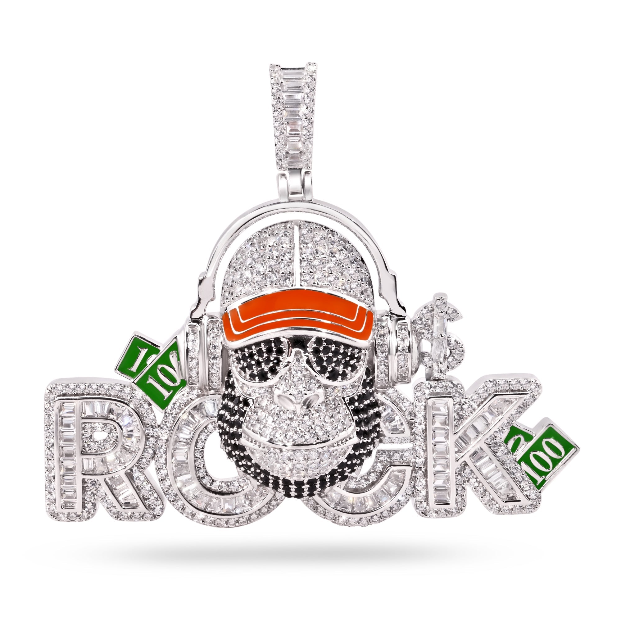 Rhodium Plated 925 Sterling Silver Rock Monkey Ape Enamel Green and Clear CZ Pendant