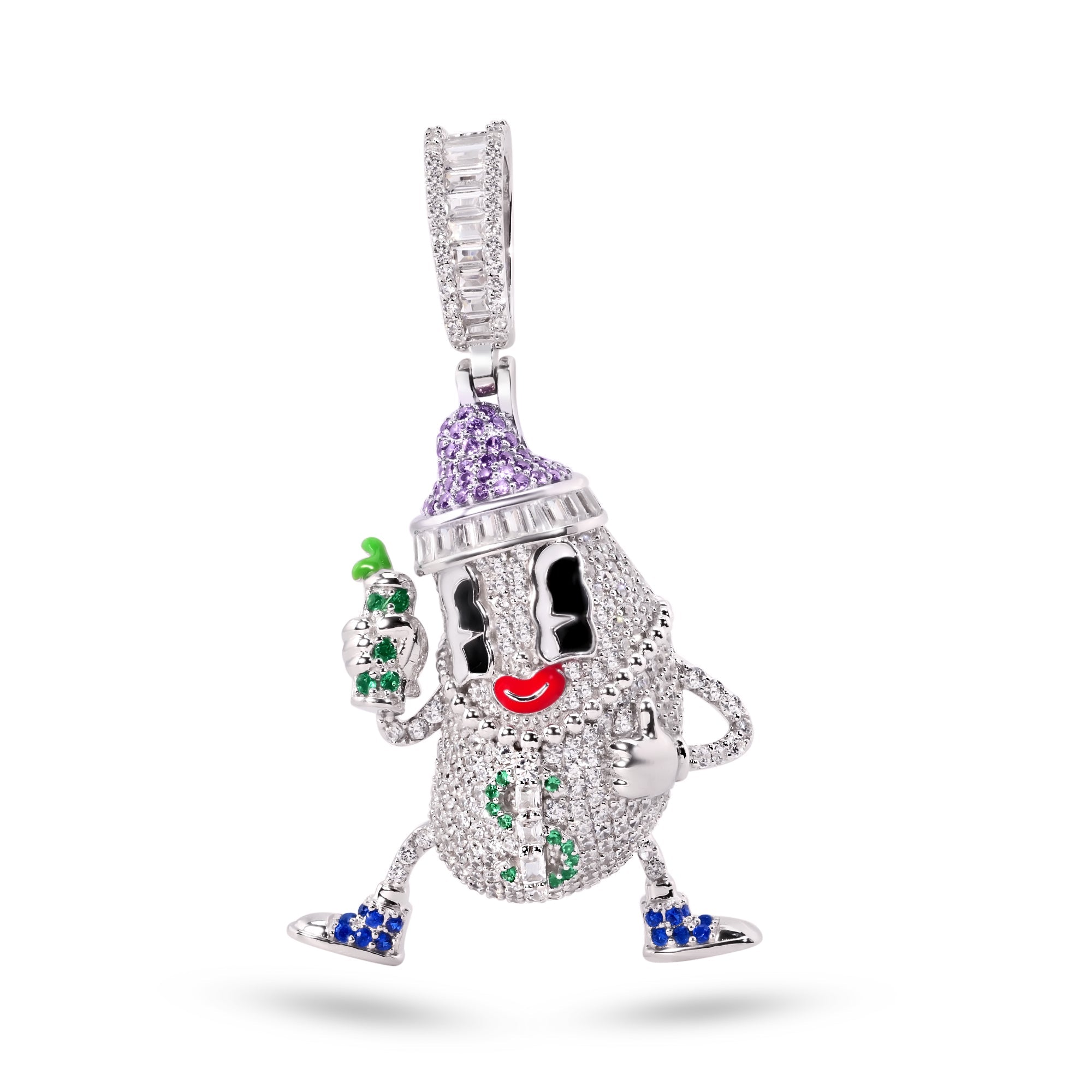 Rhodium Plated 925 Sterling Silver Milk Bottle Clear Purple and Green CZ Pendant