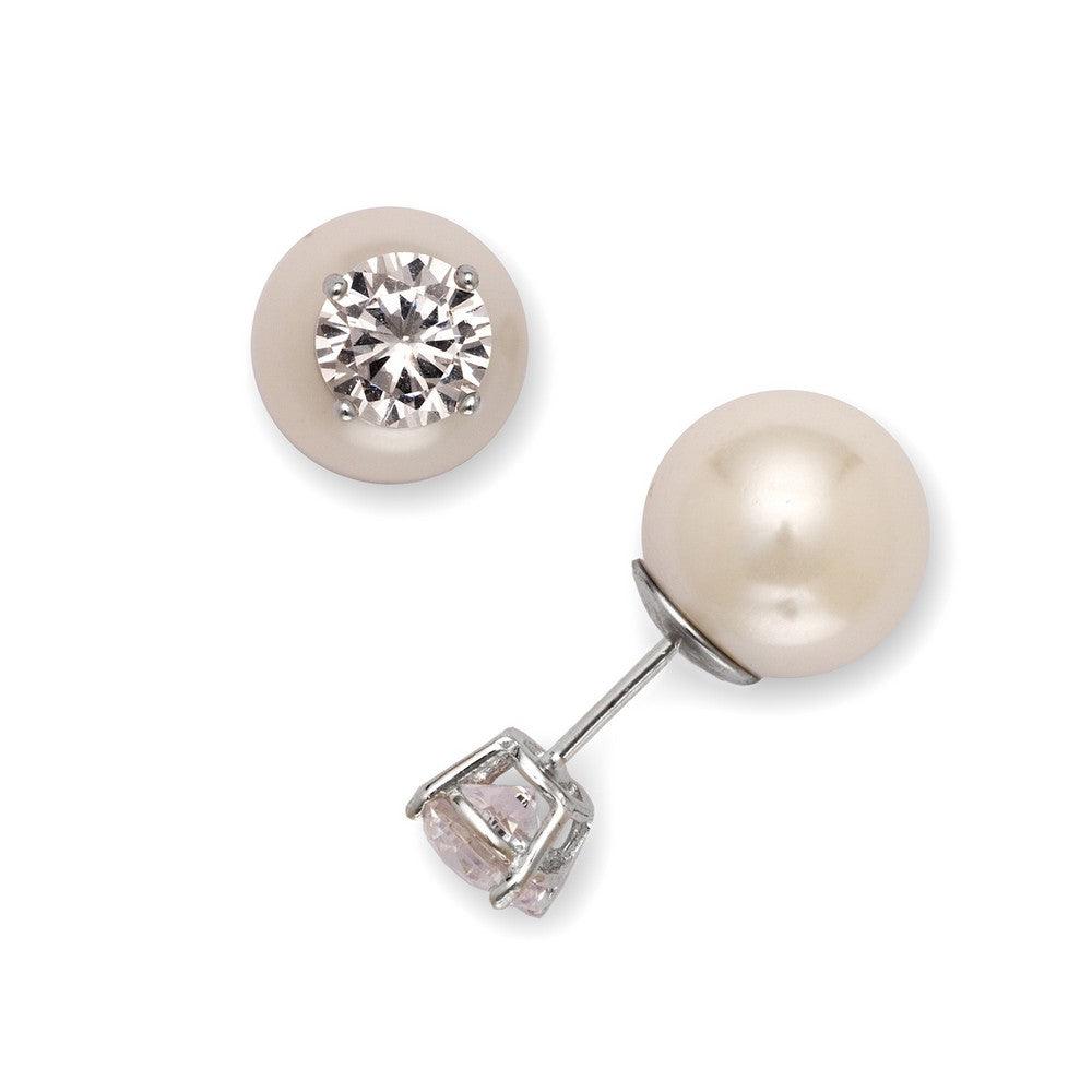 Sterling Silver 6mm Clear CZ with 10mm Simulated White Pearl Earrings - Johnny Dang & Co