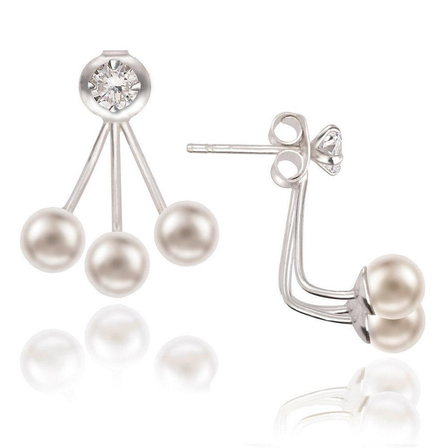 Sterling Silver 4mm CZ Front with Triple 5mm Pearl Back Earrings - Johnny Dang & Co