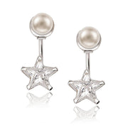 Sterling Silver 5mm Pearl Front with 9mm Star Shaped CZ Back Earrings - Johnny Dang & Co