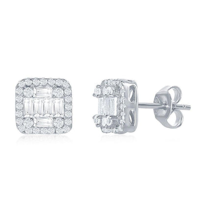 Sterling Silver Square Baguette CZ Stud Earrings - White, Rose Or Yellow Plated - Johnny Dang & Co