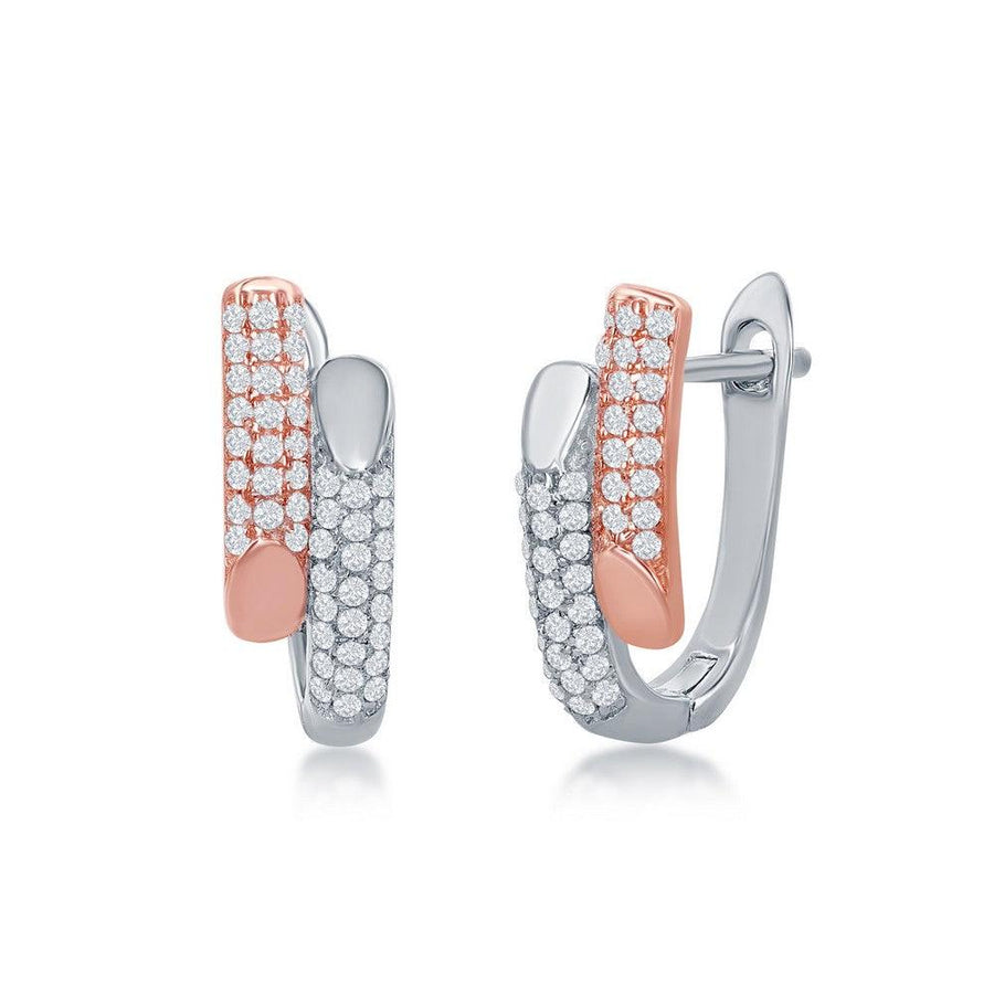 Sterling Silver Two-Tone Rose Gold Plated Micro Pave Bottom Flat Double Bar Earrings - Johnny Dang & Co