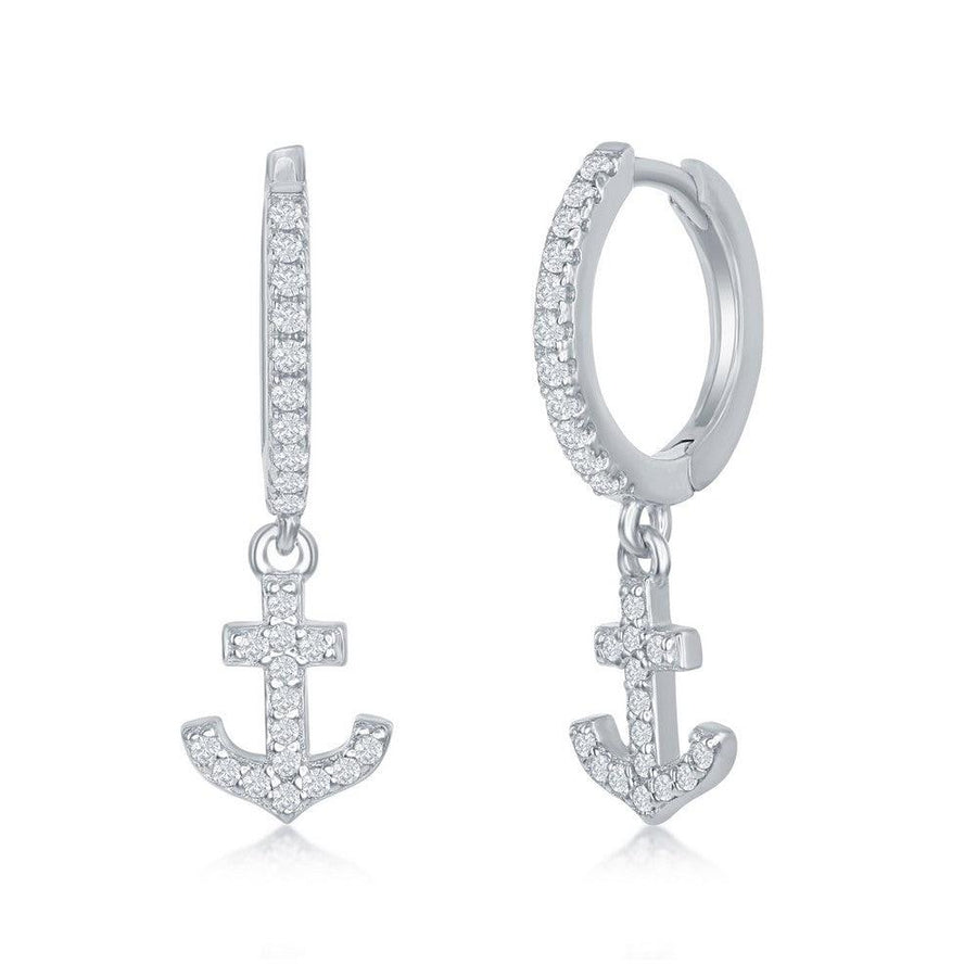Sterling Silver Small Huggie Hoop CZ Anchor Earring - Johnny Dang & Co