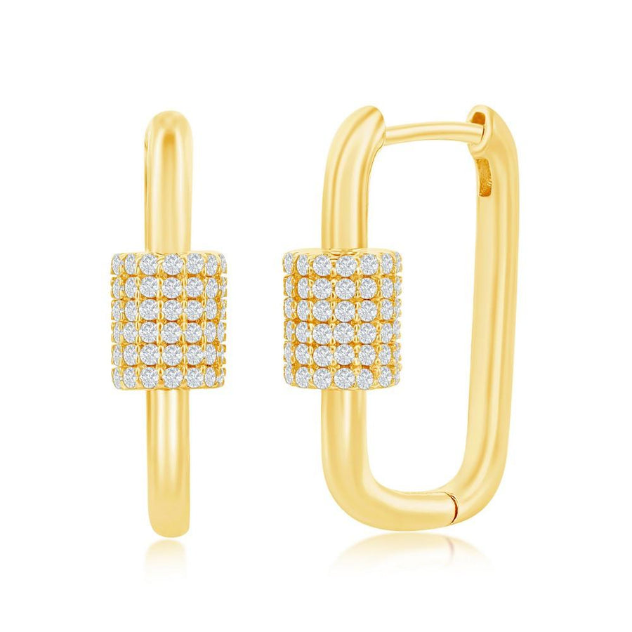 Sterling Silver Micro Pave CZ Oval Carabiner Paperclip Earrings - Gold Plated - Johnny Dang & Co