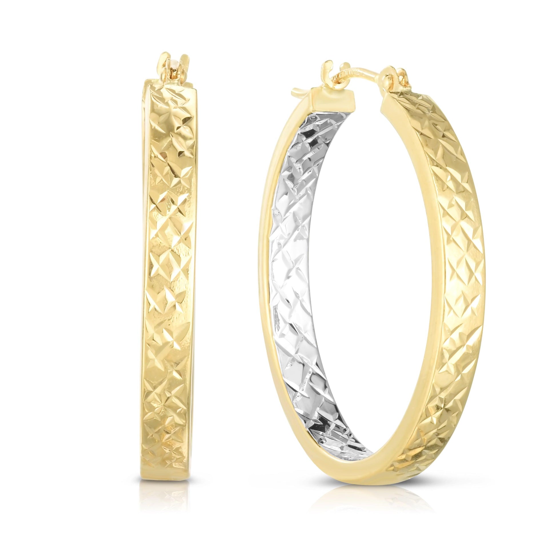 14K Yellow & White Gold Diamond Cut Hoop Earring - Johnny Dang & Co