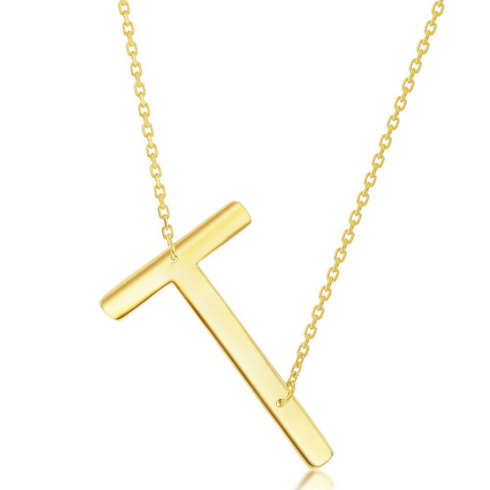 Sterling Silver (35MM) Large Sideways 'A through Z' Initial Necklace - Gold Plate - Johnny Dang & Co