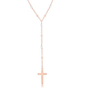 Sterling Silver Rose Quartz & Plain Beads by the Yard Cross Rosary Necklace - Rose Gold Plated - Johnny Dang & Co