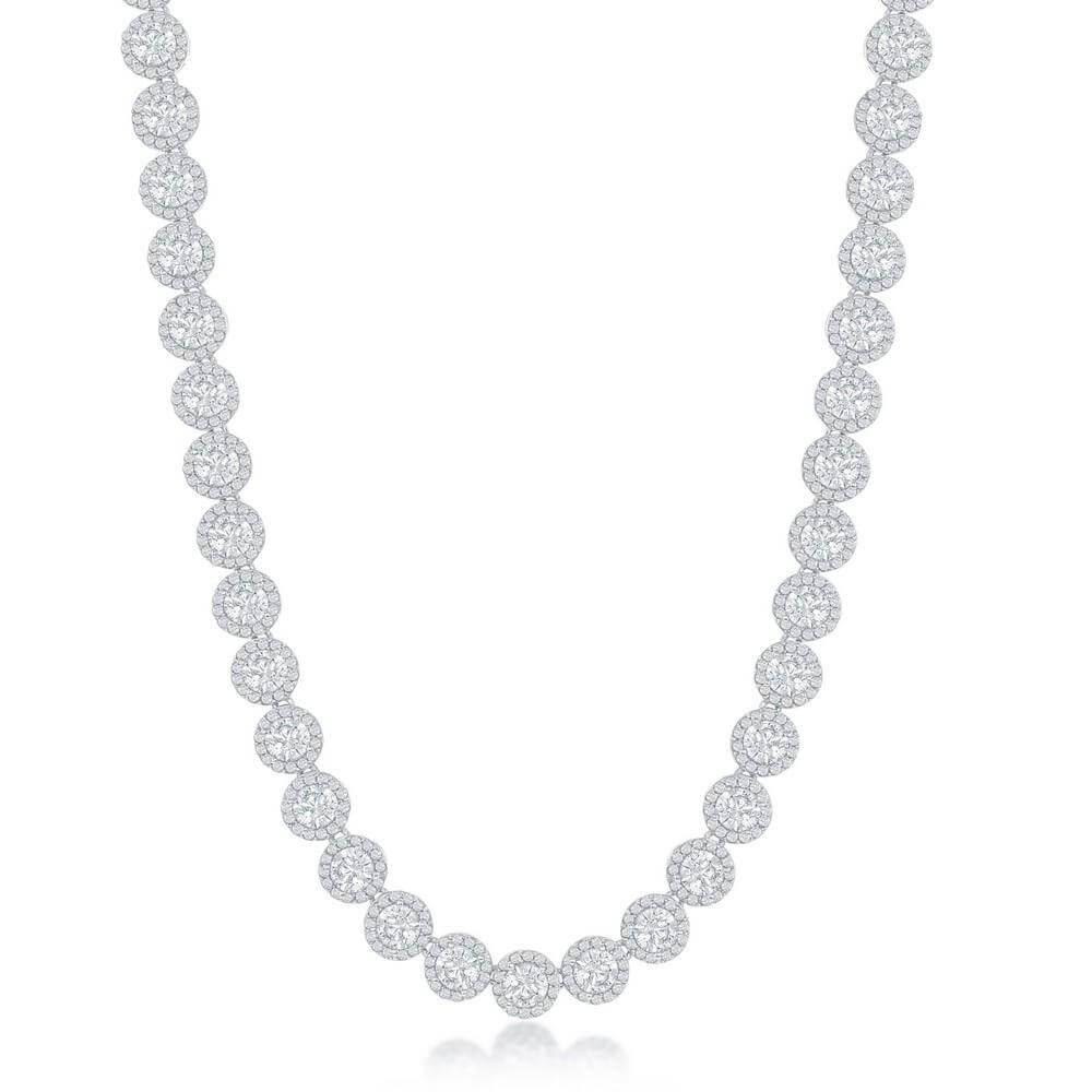 Sterling Silver Round Halo Cubic Zirconia Tennis Necklace - Johnny Dang & Co