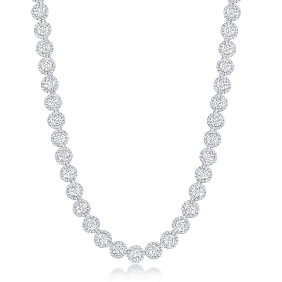 Sterling Silver Round Halo Cubic Zirconia Tennis Necklace - Johnny Dang & Co