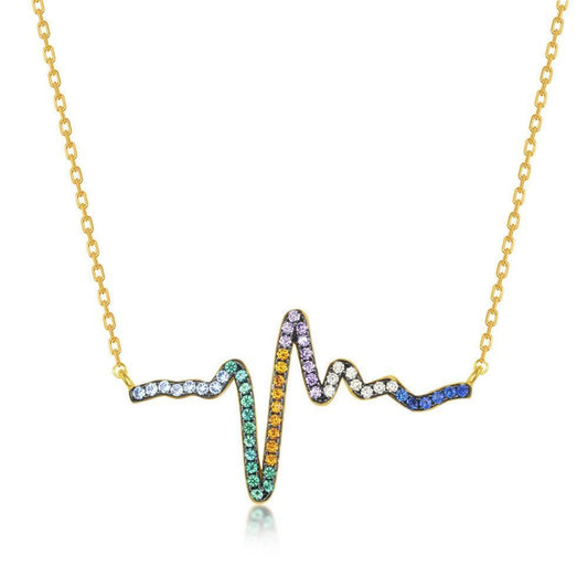 Sterling Silver Rainbow CZ Heartbeat Necklace - Gold Plated - Johnny Dang & Co