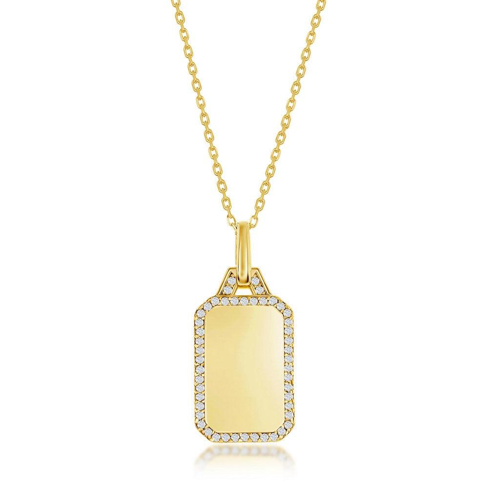 Sterling Silver Rectangle Dog Tag w/ CZ Border Necklace - Gold Plated - Johnny Dang & Co