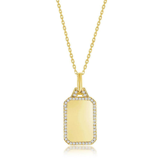 Sterling Silver Rectangle Dog Tag w/ CZ Border Necklace - Gold Plated - Johnny Dang & Co