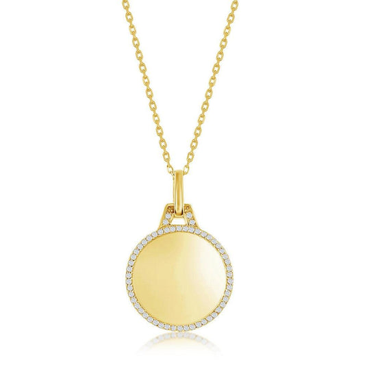 Sterling Silver Polished Circle w/CZ Border Necklace - Gold Plated - Johnny Dang & Co