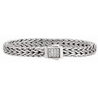 7mm Italian Sterling Silver Wide Wheat Patterned 8.25 inches Bracelet with White Sapphire Square Cluster at Clasp. Flash - Johnny Dang & Co