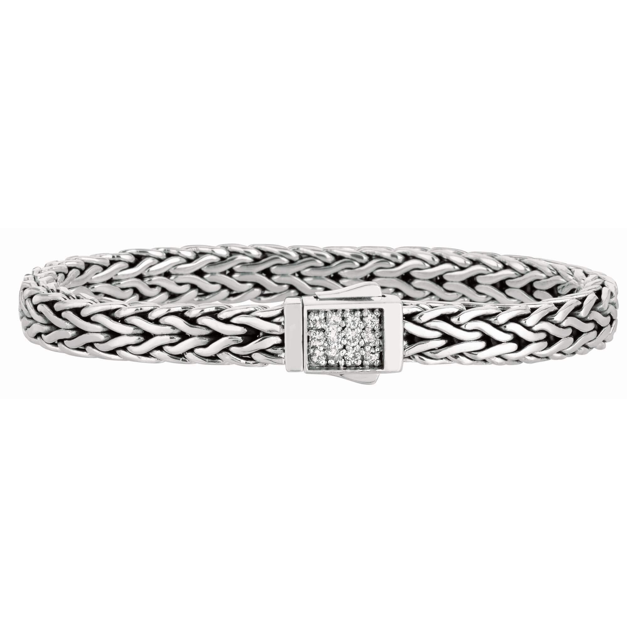 7mm Italian Sterling Silver Wide Wheat Patterned 8.25 inches Bracelet with White Sapphire Square Cluster at Clasp. Flash - Johnny Dang & Co