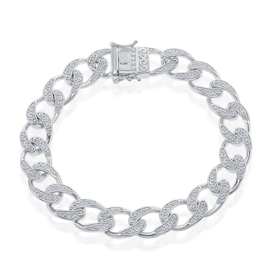 Sterling Silver 10mm Designed Cuban Bracelet - Johnny Dang & Co