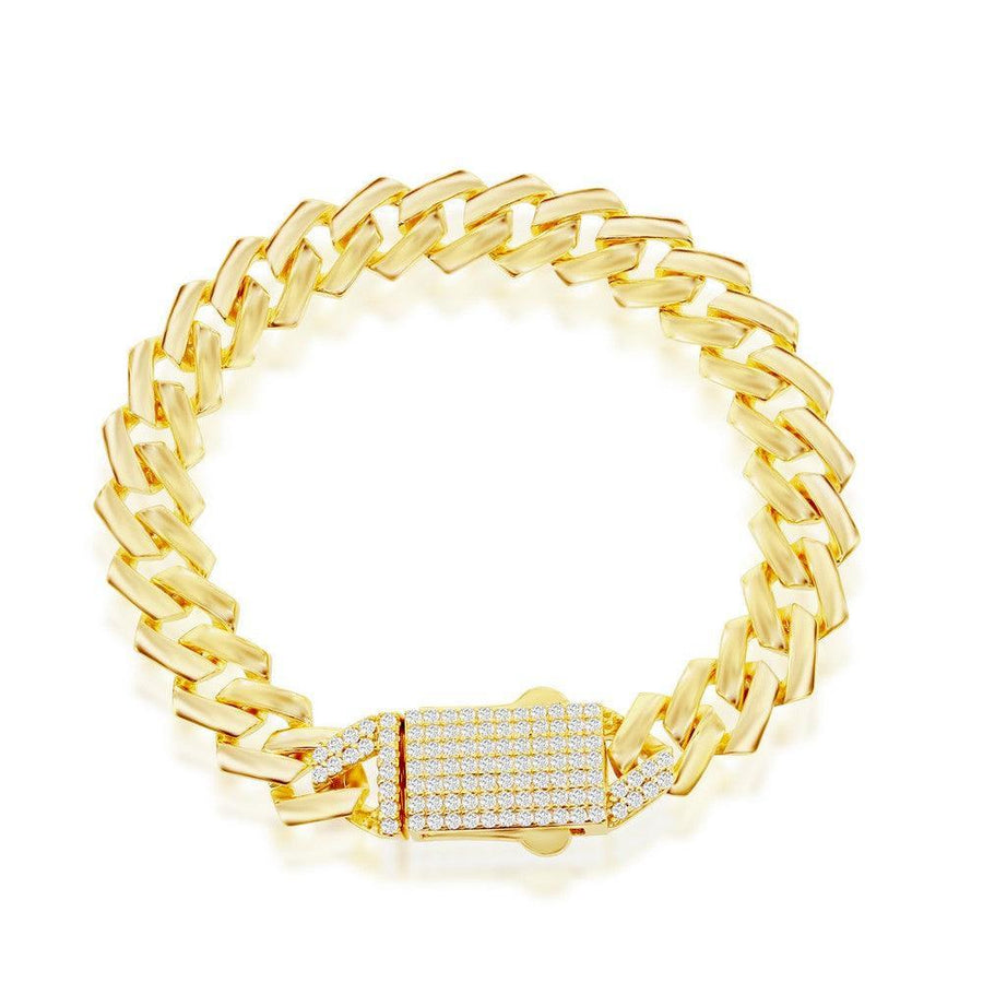 Bracelets Italian Sterling Silver 9mm Monaco Chain With Micro Pave CZ Lock - Gold Plated - Johnny Dang & Co