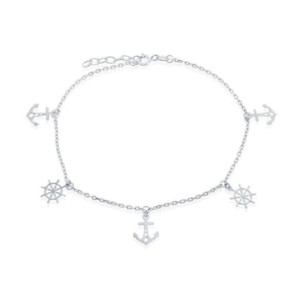 Sterling Silver Alternating Anchor and Ship Wheel Anklet - Johnny Dang & Co