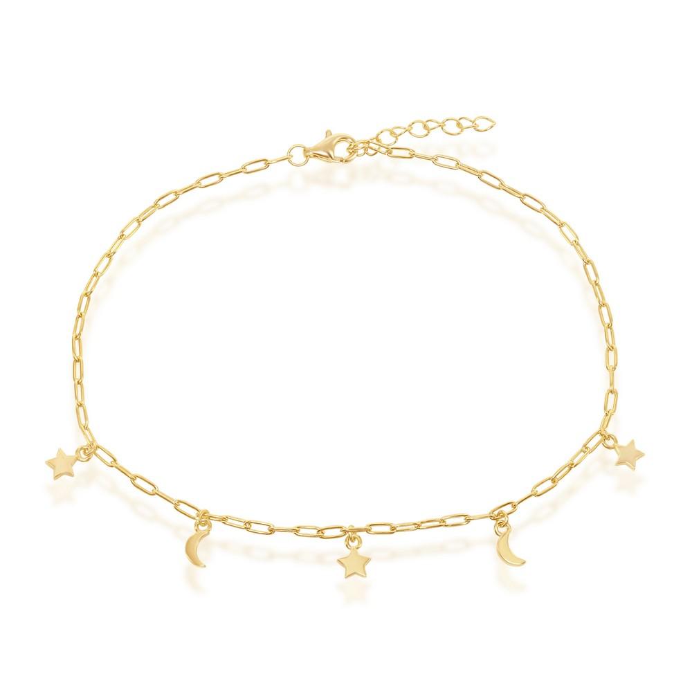 Sterling Silver Moon & Star Charms Paperclip Anklet - Gold Plated - Johnny Dang & Co