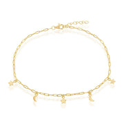 Sterling Silver Moon & Star Charms Paperclip Anklet - Gold Plated - Johnny Dang & Co