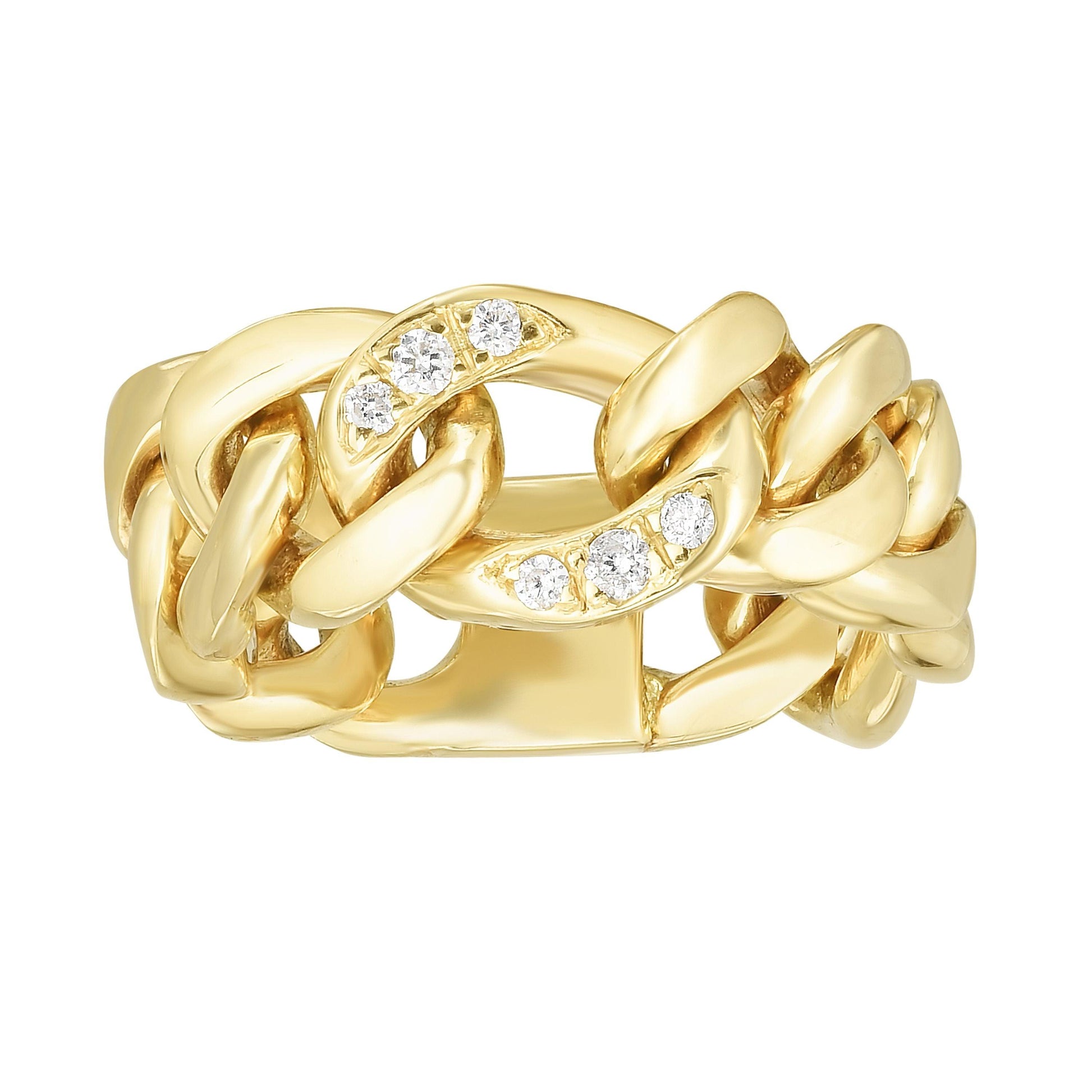 14kt Gold Size-7 Yellow Finish 7.8x2.5mm Diamond Cut Link Ring with 0.0600ct 1.3mm White Diamond - Johnny Dang & Co