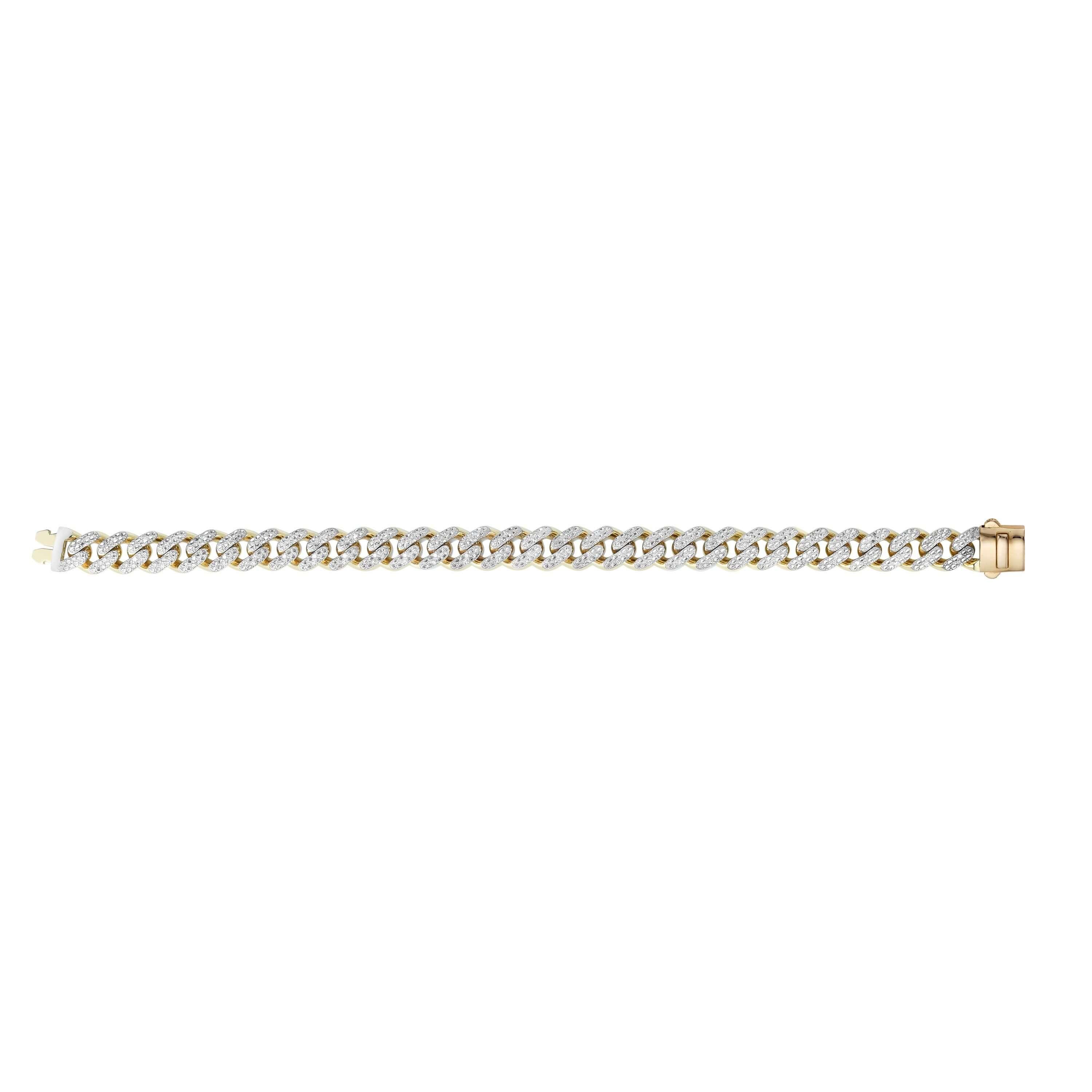 14kt Gold 8 inches Yellow Finish 9.5mm White Pave Curb Link Bracelet with Box Clasp + 1.0200ct 1.1mm White Diamond - Johnny Dang & Co