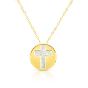 14kt Gold 16 inches Yellow Finish Chain:0.8mm+Center Round Pendant:11mm Shiny Fancy Necklace with 1 inches Extender Spring Ring Clasp with Mother of Pearl Cross - Johnny Dang & Co