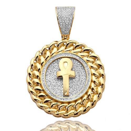 10KY 0.75CTW DIAMOND ANKH MEDALLION WITH MIAMI CUB - Johnny Dang & Co