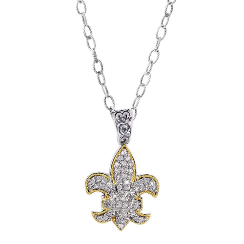0.45Ct. Diamond18Kt Yellow Gold+Sterling Silver Fleur De Lis P Endant On 18 inches Rhodium Finish Link Chain. inchesFleur-De-Lis inches Collecti On. - Johnny Dang & Co