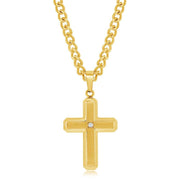 Stainless Steel Brushed & Polished w/ Single CZ Cross Necklace - Gold Plated - Johnny Dang & Co