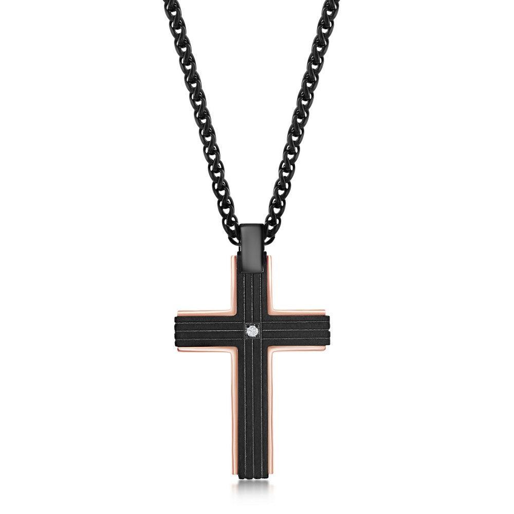 Stainless Steel Black w/ Rose Gold Border Single CZ Necklace - Johnny Dang & Co
