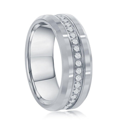 Polished Silver CZ Eternity Tungsten Band Ring - Johnny Dang & Co
