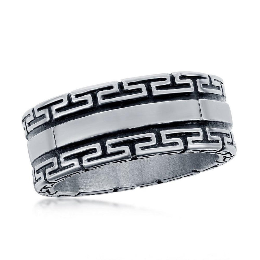 Stainless Steel Oxidized Greek Key Ring. Size 9,10,11,12,13 - Johnny Dang & Co