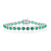 Sterling Silver Round Halo White & Emerald CZ Linked Bracelet - Johnny Dang & Co