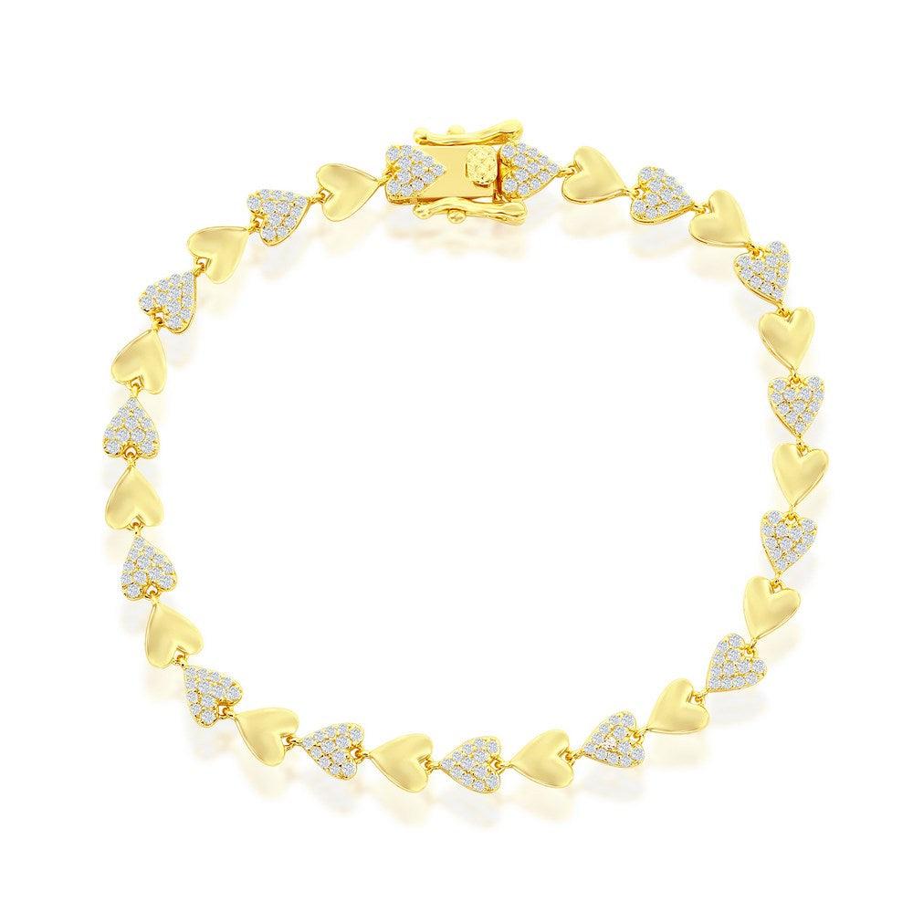 Sterling Silver Alternating Polished & Micro Pave CZ Heart Bracelet - Johnny Dang & Co