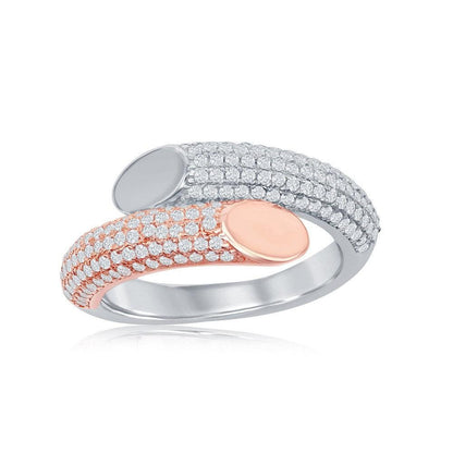 Sterling Silver Two-Tone Rose Gold Plated Micro Pave Bottom Flat Overlapping Ring - Johnny Dang & Co