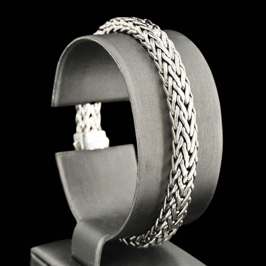 7mm Italian Sterling Silver Wide Wheat Patterned 8.25 inches Bracelet with White Sapphire Square Cluster at Clasp. Flash - Johnny Dang & Co