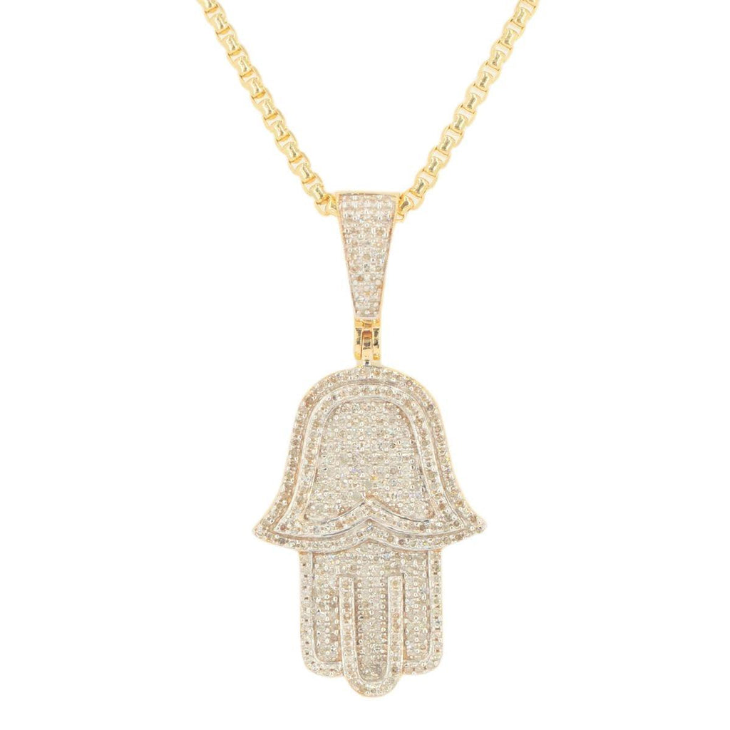 10k Yellow Gold 0.70cttw 3D Hamzah Hand Pendant and 1.5mm Venetian Box Chain Bundle 18" 20” 22” 24” - Johnny Dang & Co